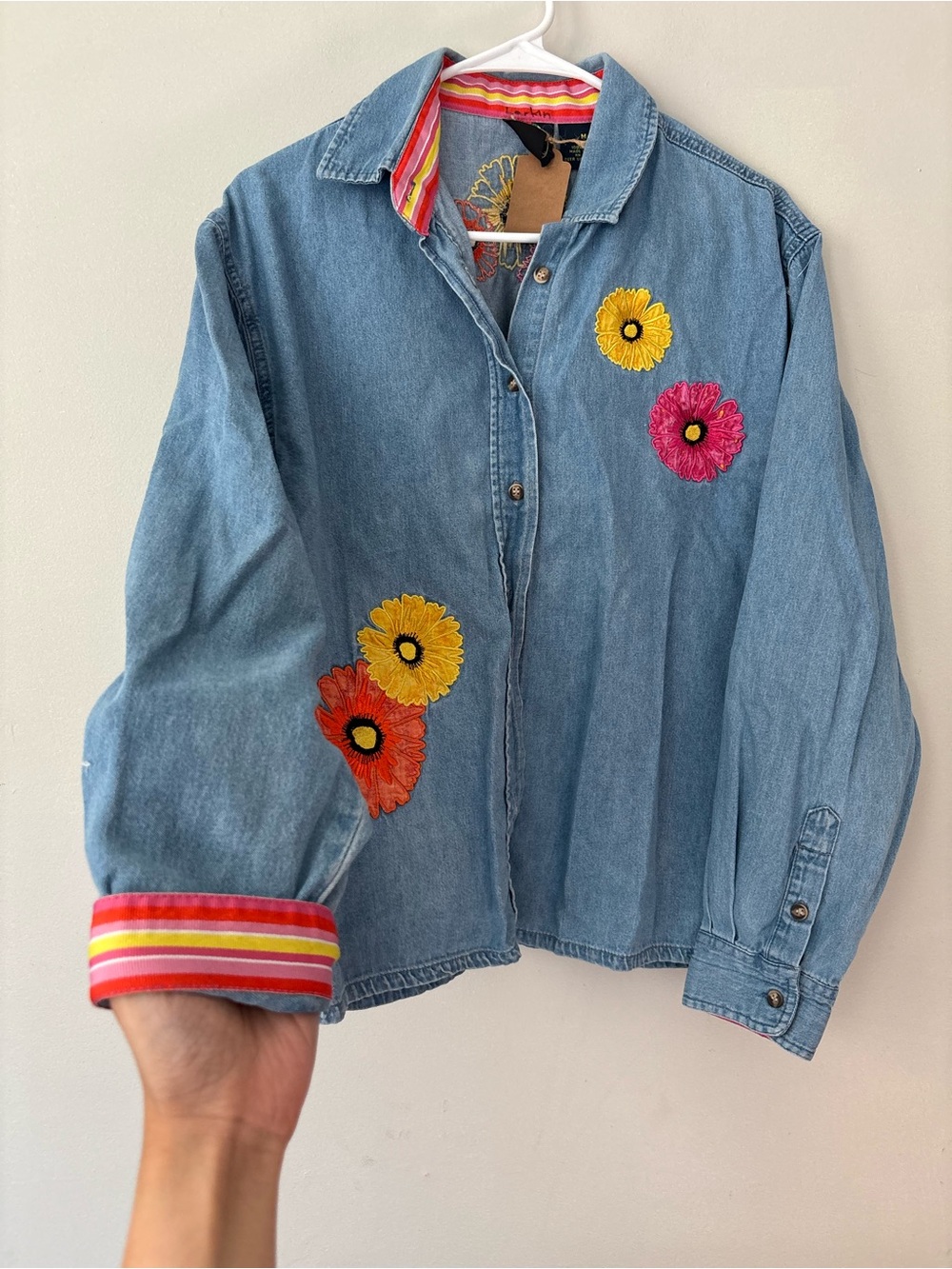Vintage Cottagecore Button Up Embroidered Floral Light Blue Denim Shirt Large XL